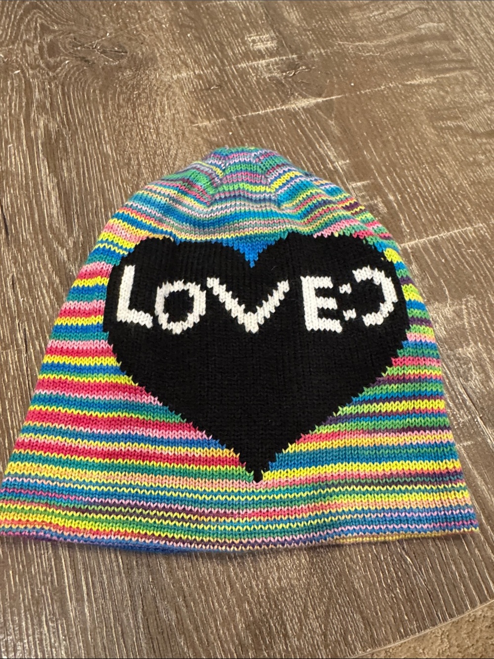Flowers by Zoe Multicolor Striped Beanie with Black Heart 'LOVE'